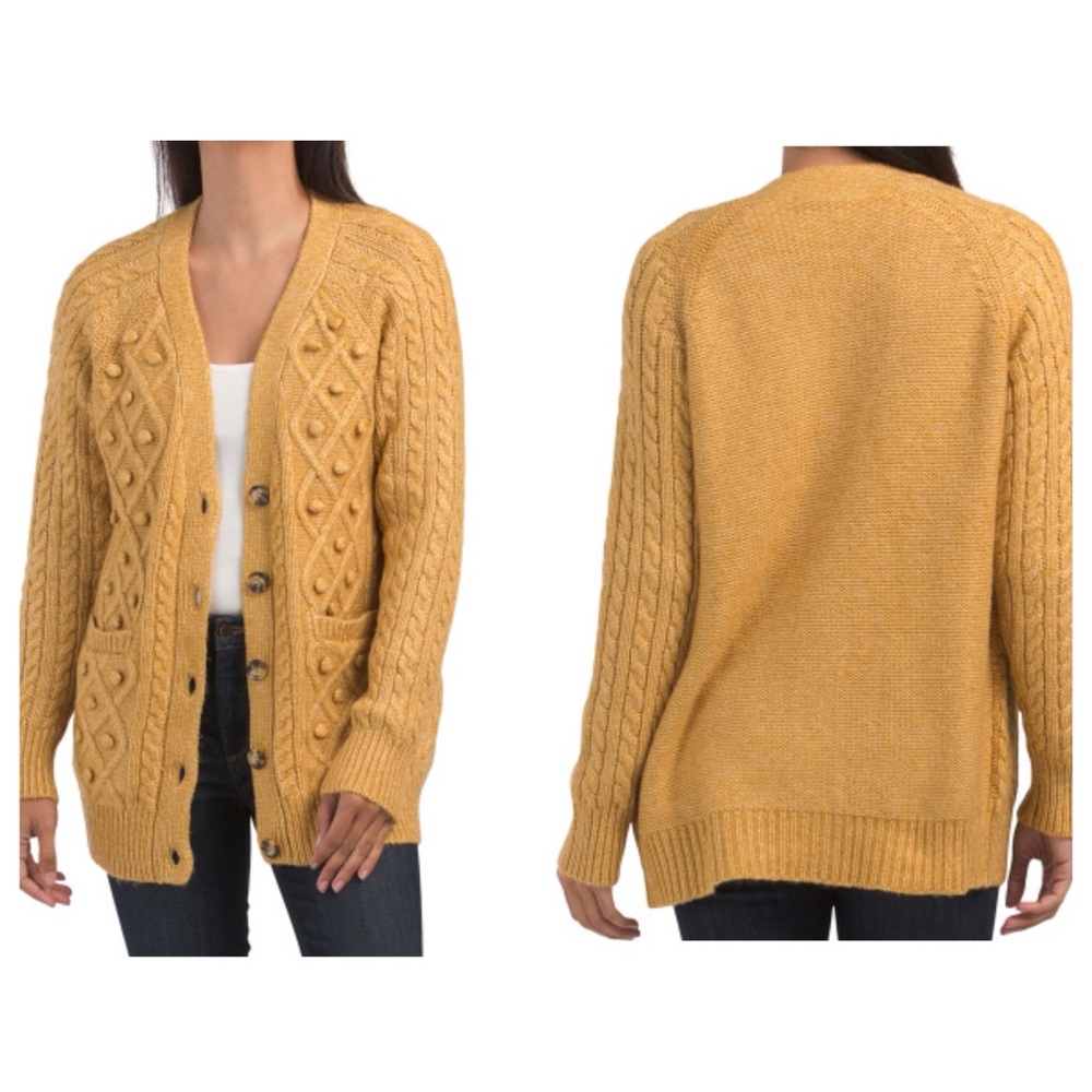 Cupcakes & Cashmere Mustard Tan Long Cable Cardigan with Bobbles & Pockets Large